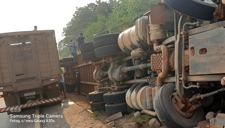 Carreta carregada com gado tomba na BR-230