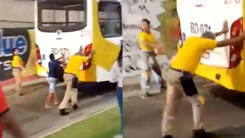 Agente de trânsito empurra ônibus no ‘prego’ para liberar via