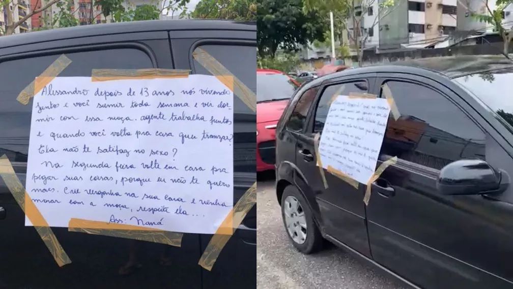 Mulher descobre traição e cola cartaz de término no carro do companheiro
