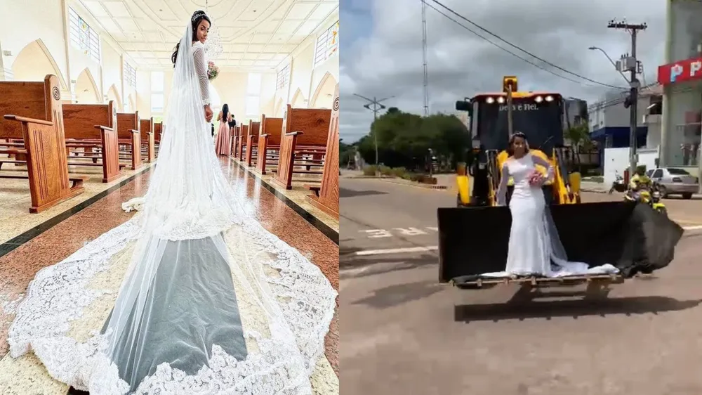 Noiva chega ao casamento em retroescavadeira no interior do Pará