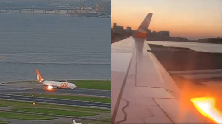 Turbina de avião pega fogo durante decolagem em aeroporto