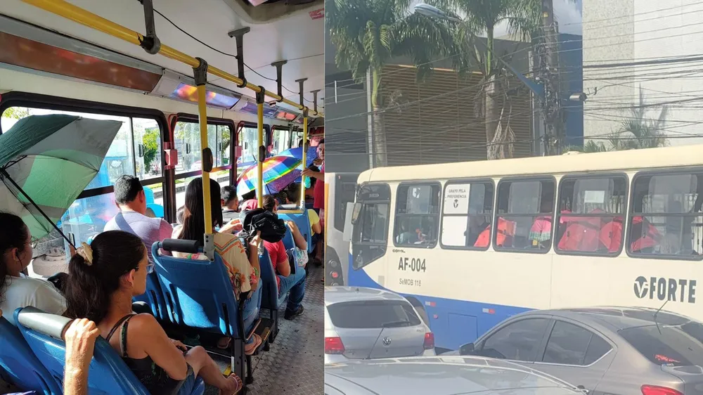 Passageiros abrem sombrinhas para se proteger do sol dentro de ônibus no Pará