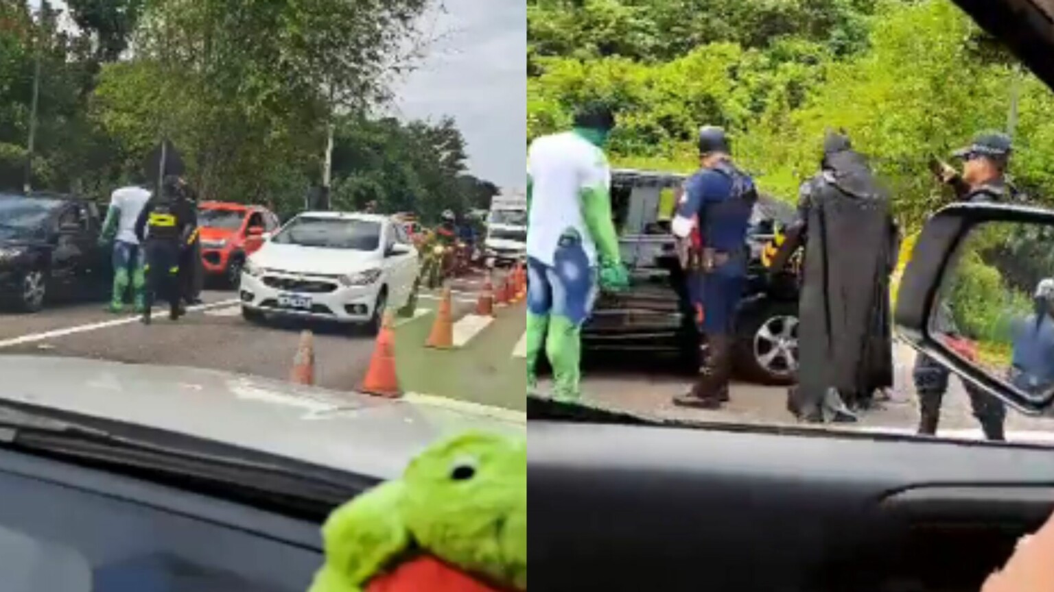 Super-heróis surpreendem motoristas em fiscalização de trânsito no Pará