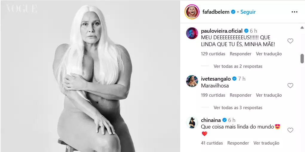 Nu artístico de Fafá de Belém é elogiado por celebridades