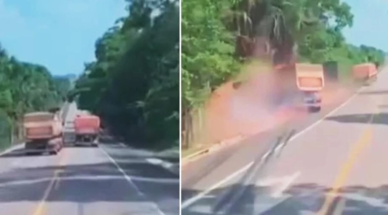 Caminhoneira é jogada para fora da pista pelo próprio irmão (caminhoneiro)