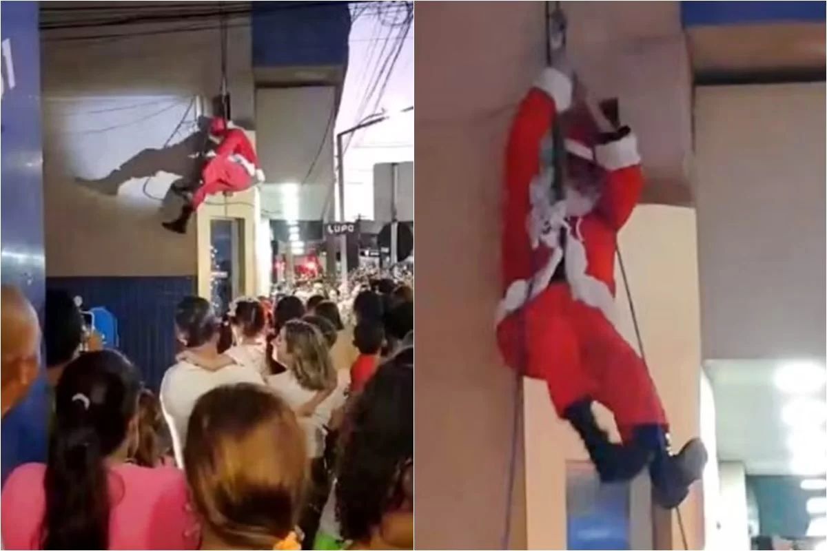 Papai Noel fica preso pela barba ao descer de rapel; assista