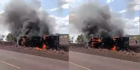 Caminhão do Exército Brasileiro tomba e pega fogo perto da fronteira com a Guiana