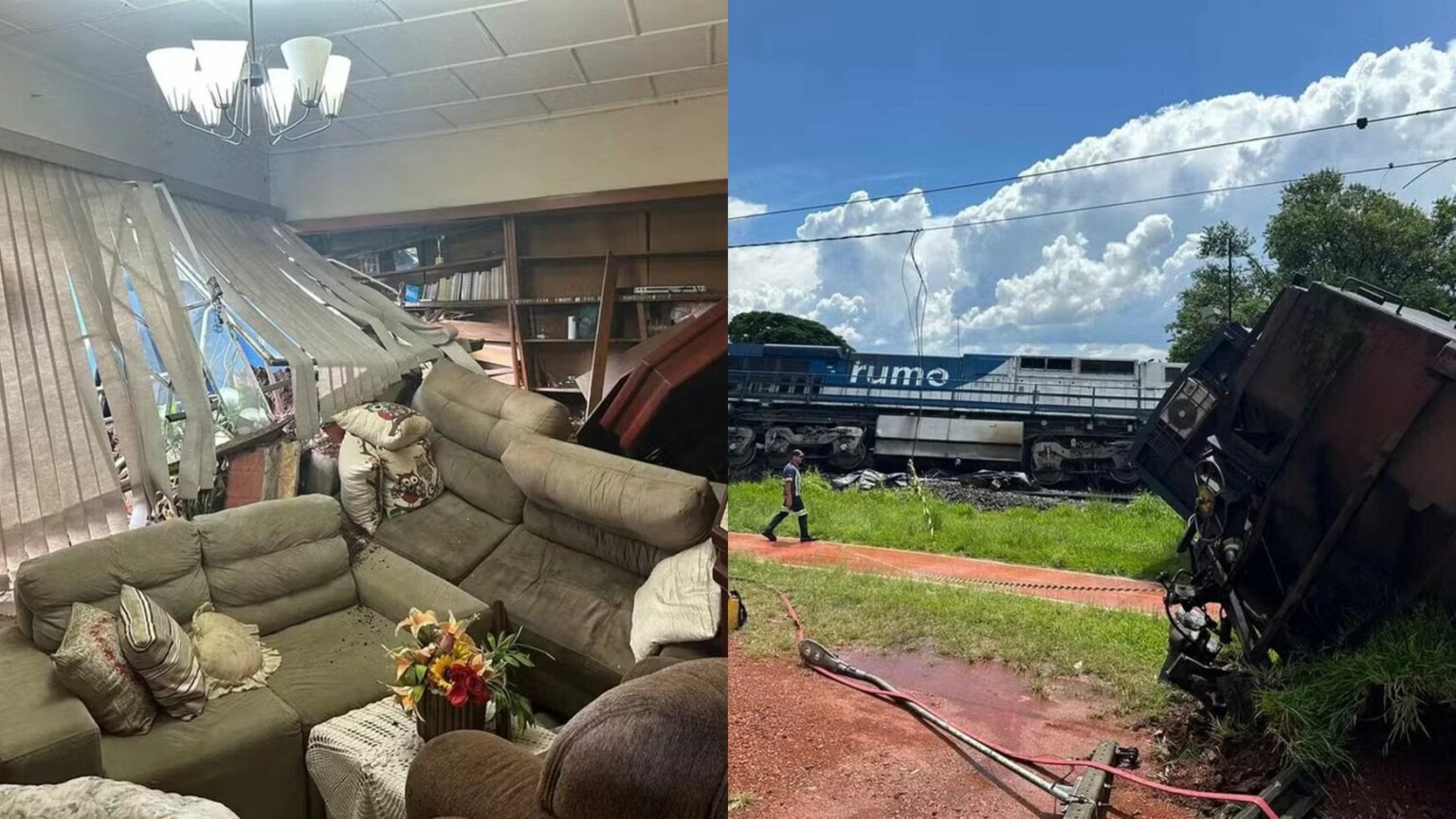 Trem colide com carreta, descarrila e invade casa no Paraná