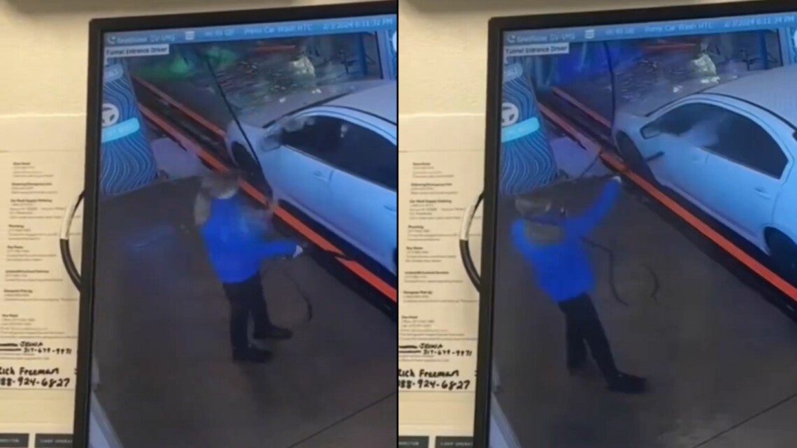 Vídeo: funcionária de lava-jato é atingida por bebida de cliente e revida com jato de água