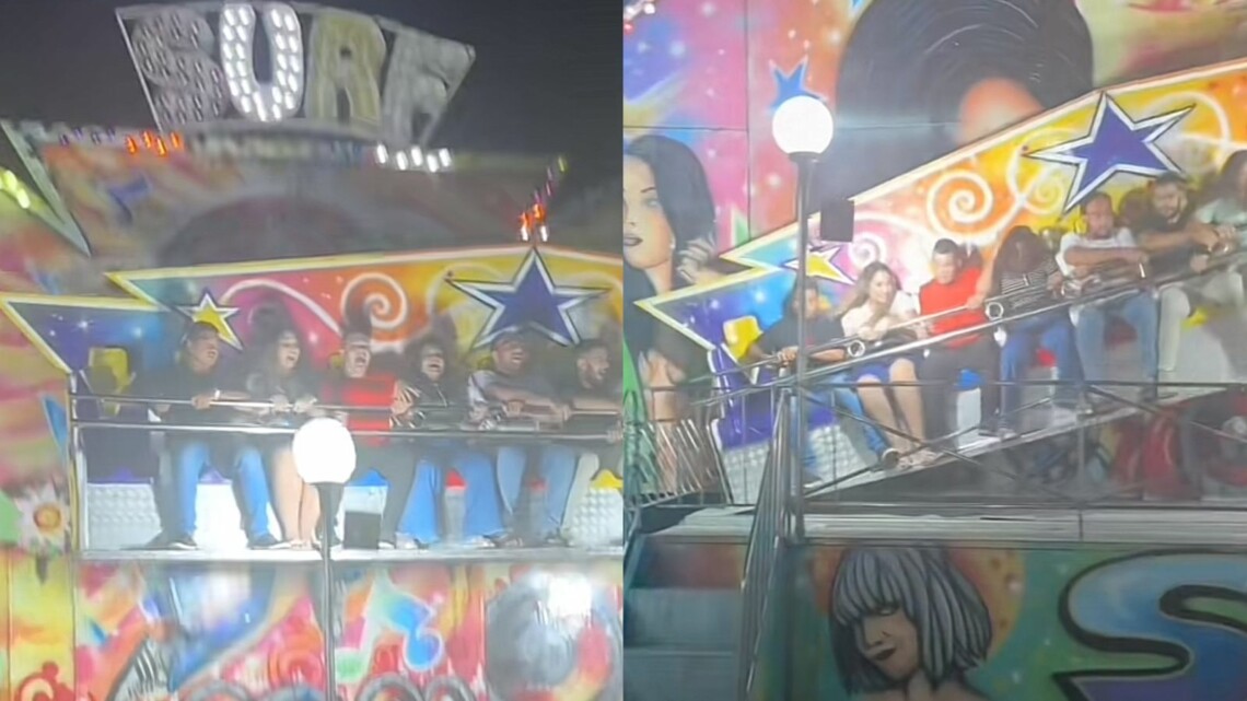 Brinquedo de parque de diversões quebra durante funcionamento