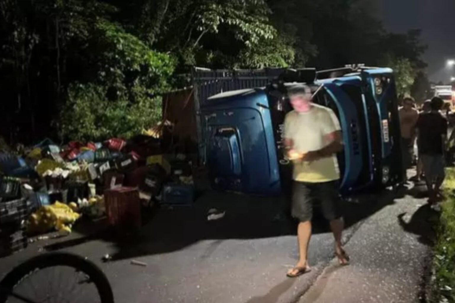 Caminhão carregado de frutas e verduras tomba na BR-316