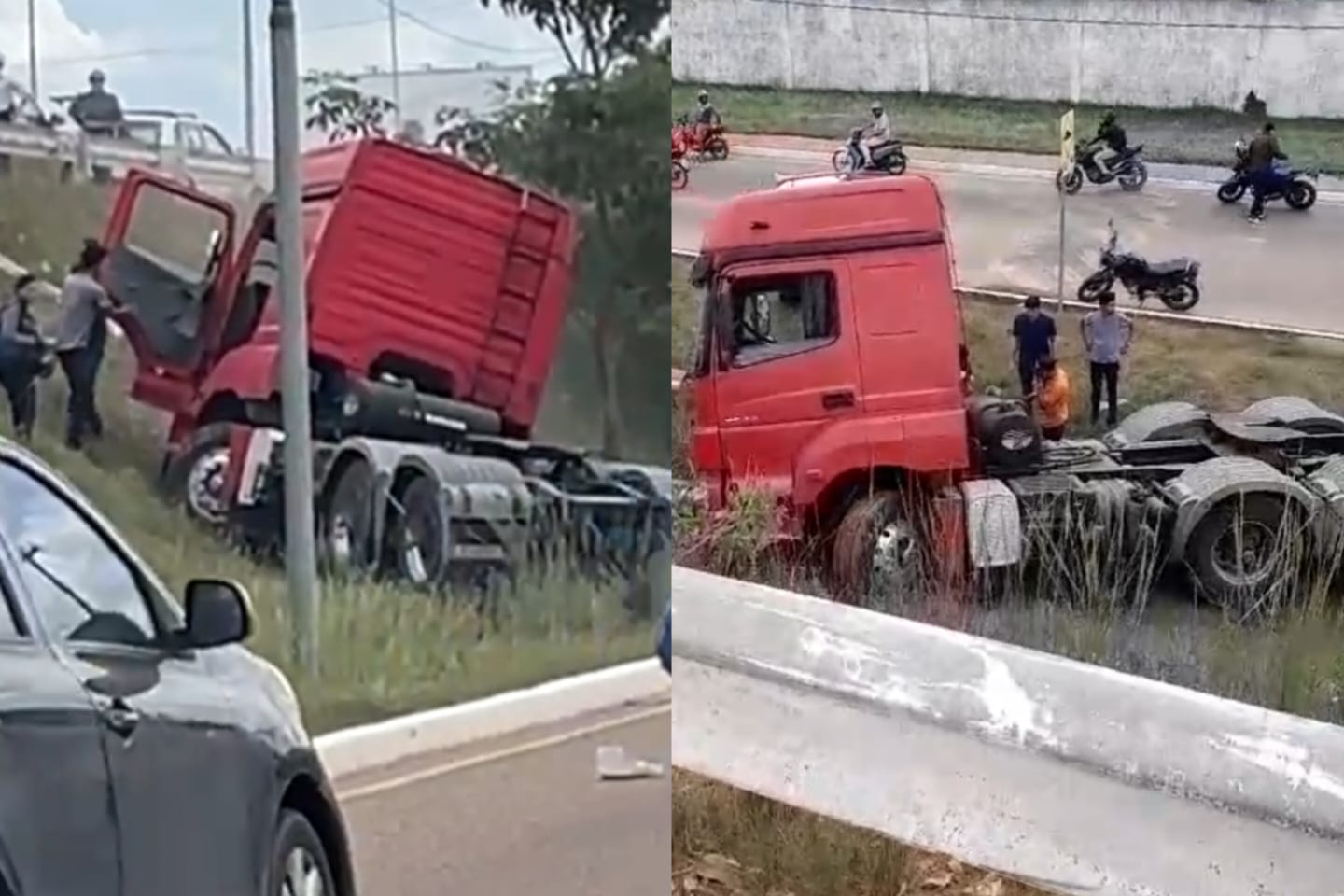 Vídeo: “Cavalinho” de carreta colide com mureta e despenca da BR-230, em Marabá