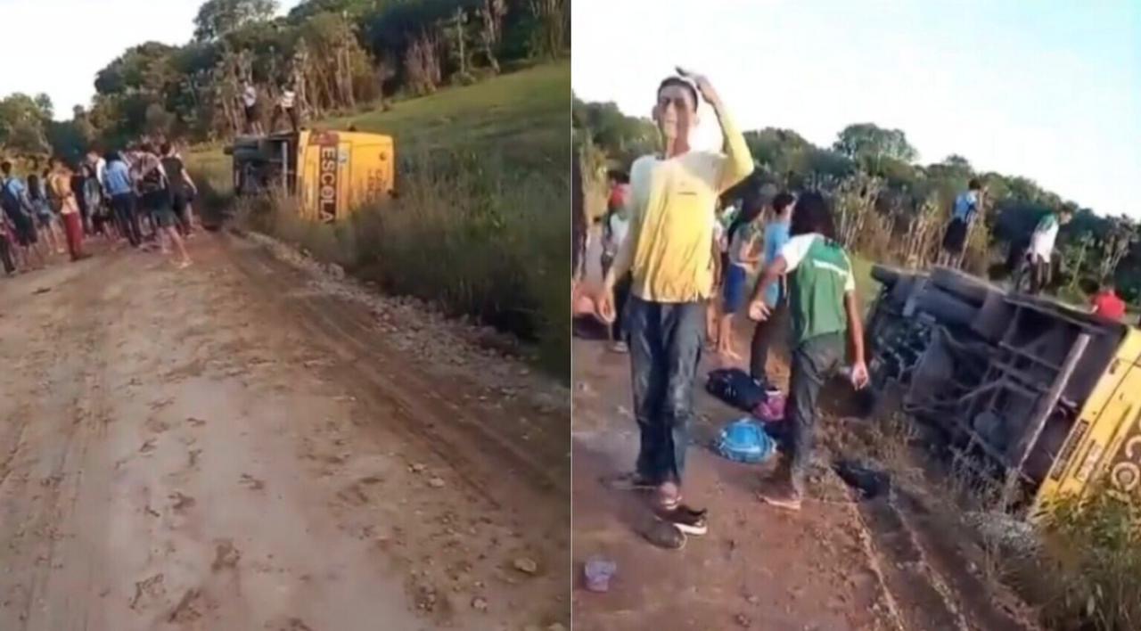 Ônibus escolar tomba com alunos no Pará