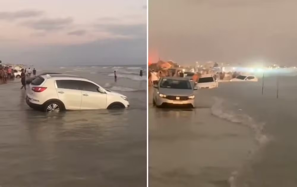 Carros amanhecem engolidos pelo mar em praia do litoral paraense