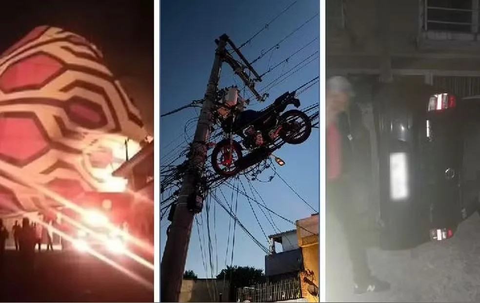Balão arrasta carro, ergue moto, atinge rede elétrica e cai sobre casas