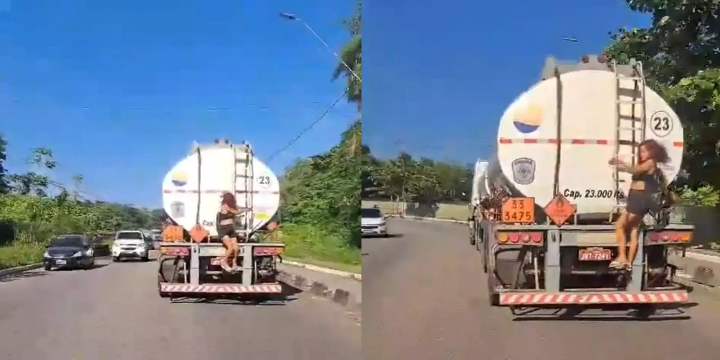 VÍDEO: Mulher é flagrada pendurada na traseira de caminhão-tanque no Pará