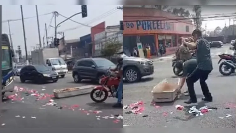 Corpo cai de carro funerário em plena avenida movimentada