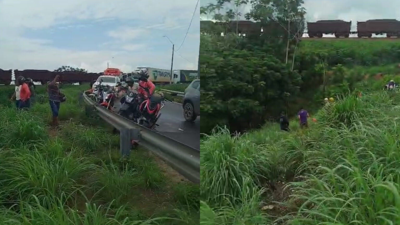 Motocicleta com casal ultrapassa proteção e cai em vala na BR-222, em Marabá