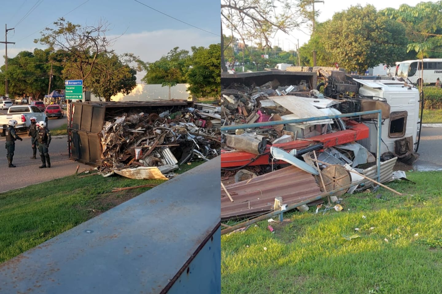 Caminhão carregado de lixo capota na rotatória do Km 6, em Marabá