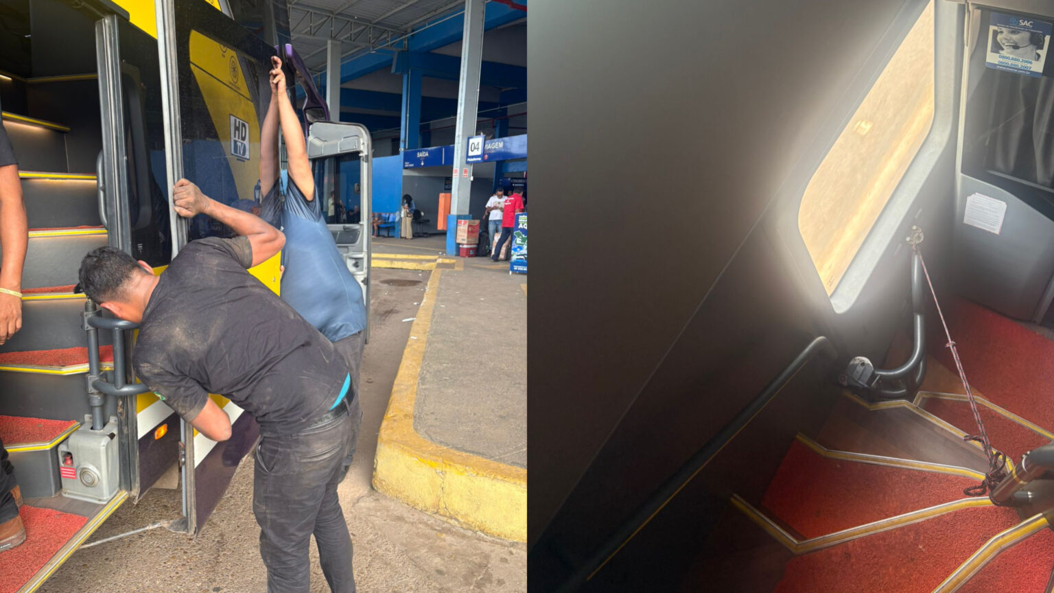 Ônibus segue viagem com porta quebrada e presa por corda entre Marabá e Goiânia
