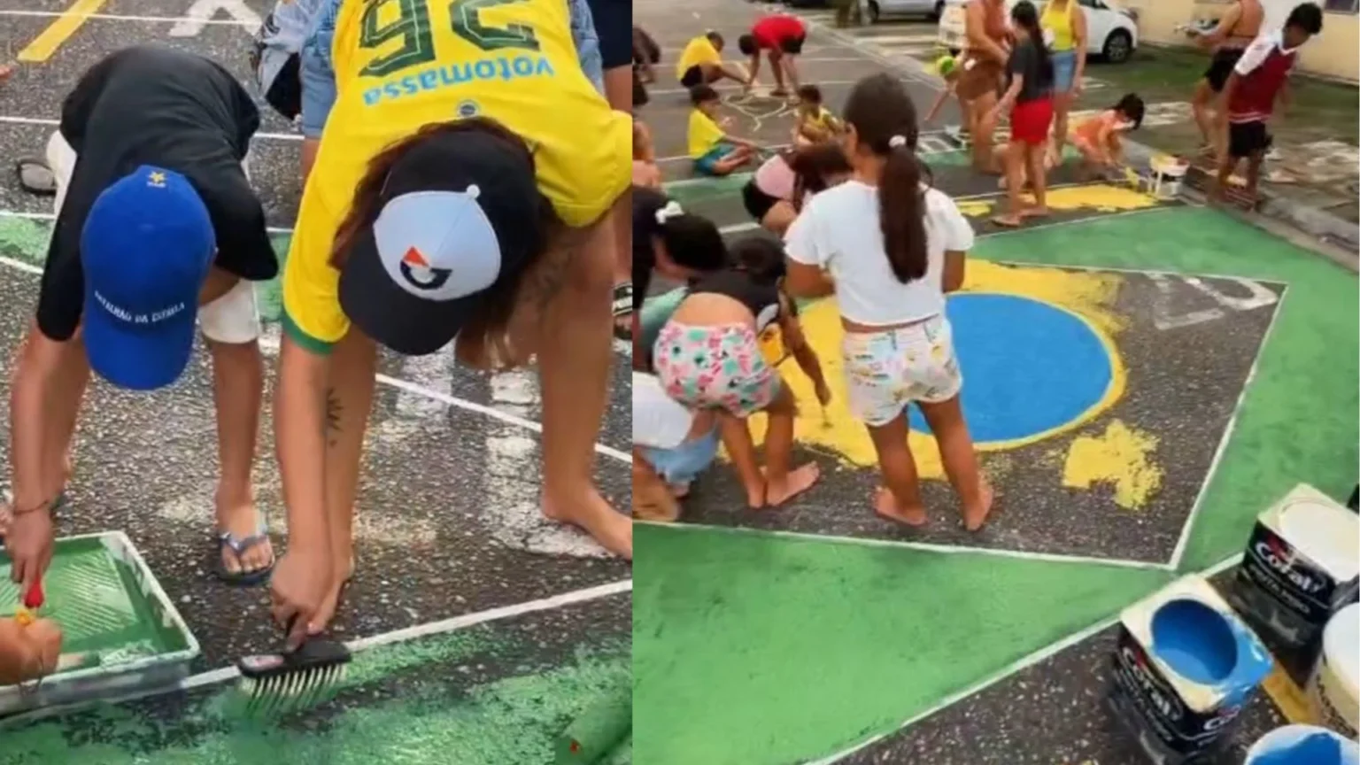 Influenciadora viraliza ao mobilizar vizinhança para pintar rua em clima de Copa do Mundo