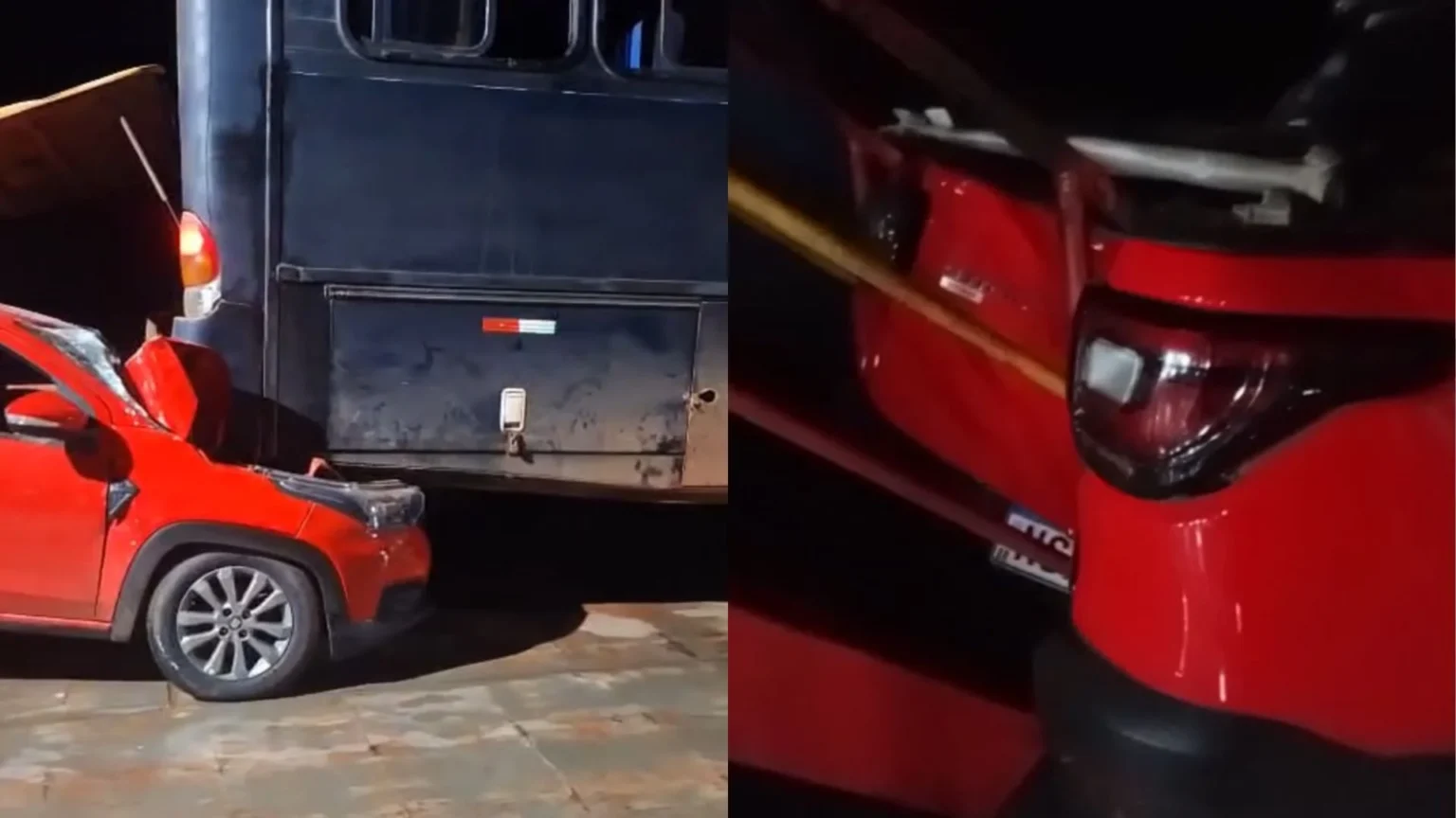 Carro fica destruído após ser prensado por ônibus durante travessia de balsa no Pará