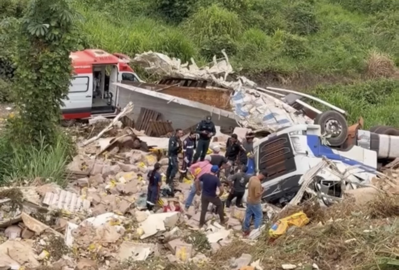 Caminhão carregado de frango cai em ribanceira na BR-230, em Pacajá