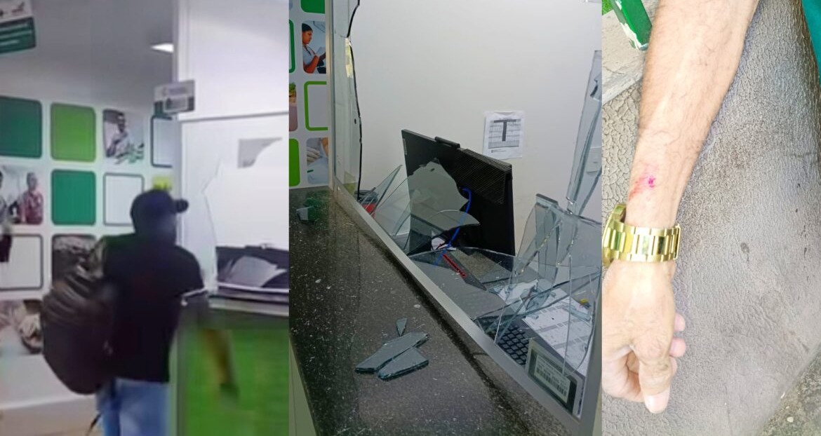 Vídeo mostra homem quebrando vidraça de policlínica após cobrar atendimento para o filho em Parauapebas